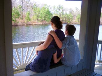 Holly hugs at the lake